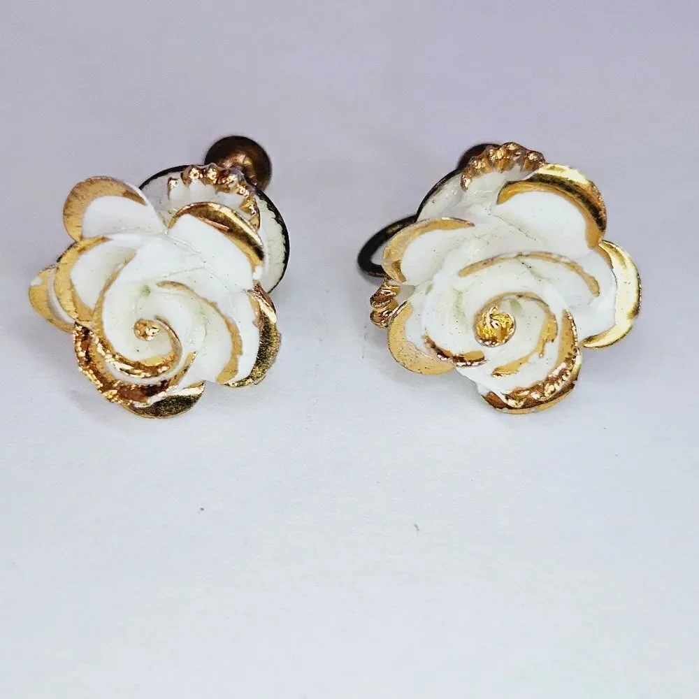 Vintage Porcelain White Rose Gold Accented Screw Back Earrings Made In England